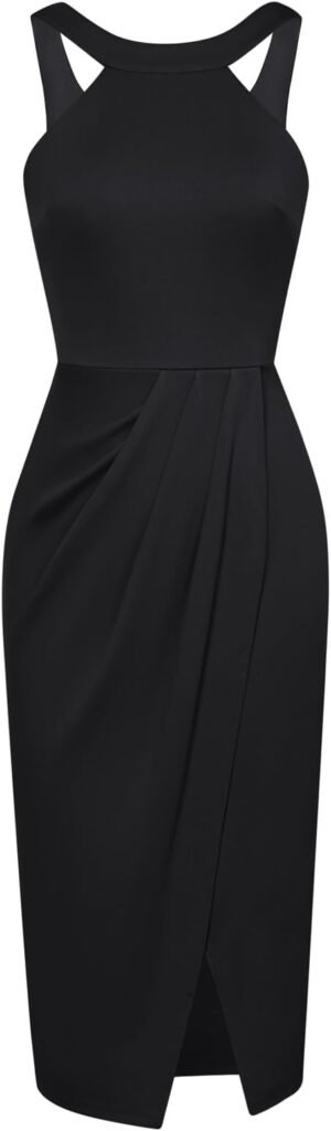 Robe fourreau noire élégante sans manches à col américain et jupe portefeuille.