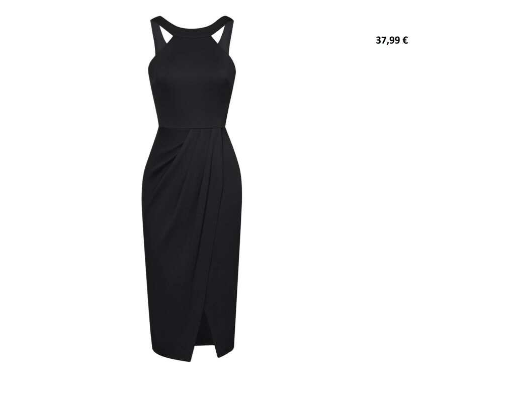 Robe fourreau noire élégante sans manches à col américain et jupe portefeuille.