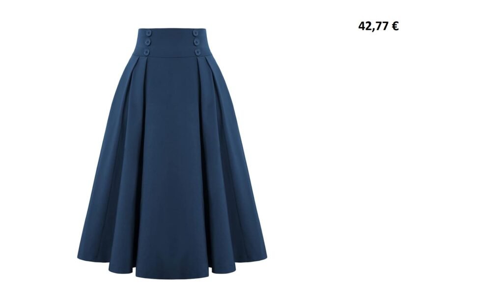 Jupe vintage bleu foncé taille haute avec boutons décoratifs.