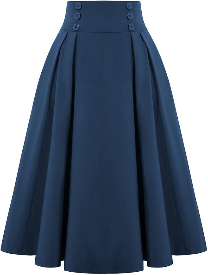 Jupe vintage bleu foncé taille haute avec boutons décoratifs.