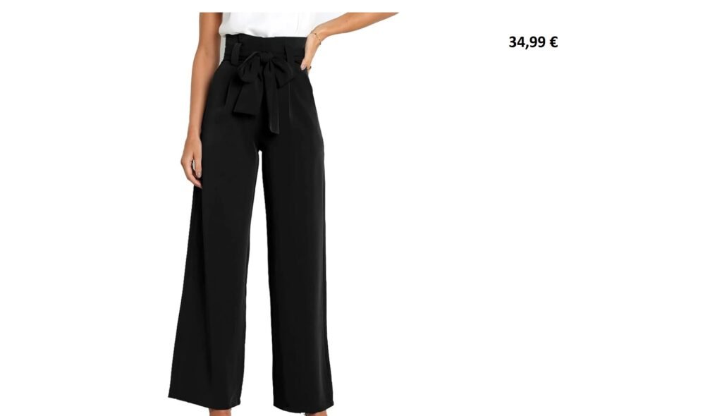 Femme portant un pantalon noir taille haute à ceinture nouée et un top blanc.