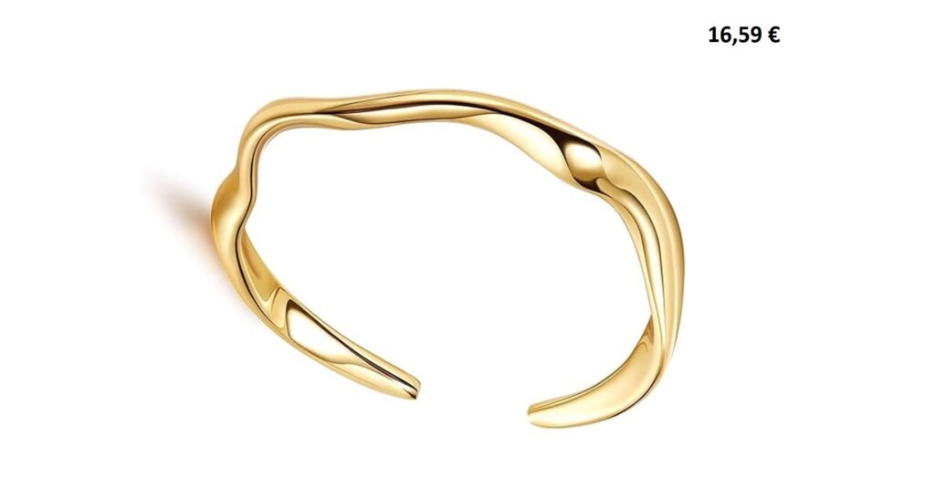 Bracelet jonc doré ondulé plaqué or 18K, livré dans une boîte rose, dimensions 6 x 0,7 cm.