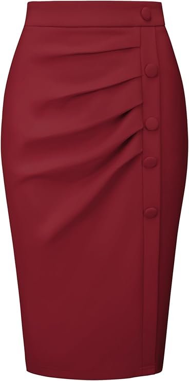 Jupe crayon vintage bordeaux avec boutons décoratifs sur le côté.