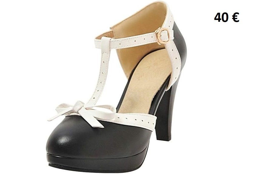 Escarpin vintage noir et blanc avec bride en T, talon haut et nœud décoratif