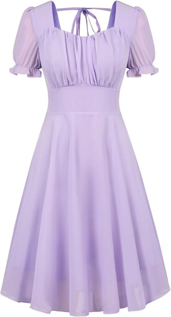 Robe vintage lavande avec manches bouffantes et dos noué.