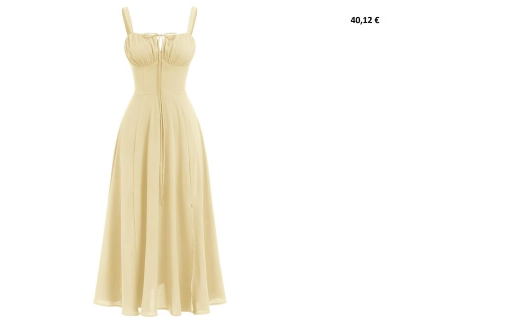 Robe midi jaune pâle à bretelles et lien noué sur le décolleté.