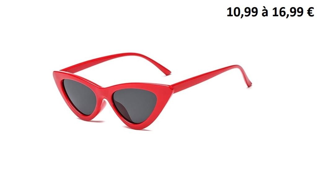 Lunettes de soleil vintage œil de chat rouges, protection UV400, dimensions indiquées.