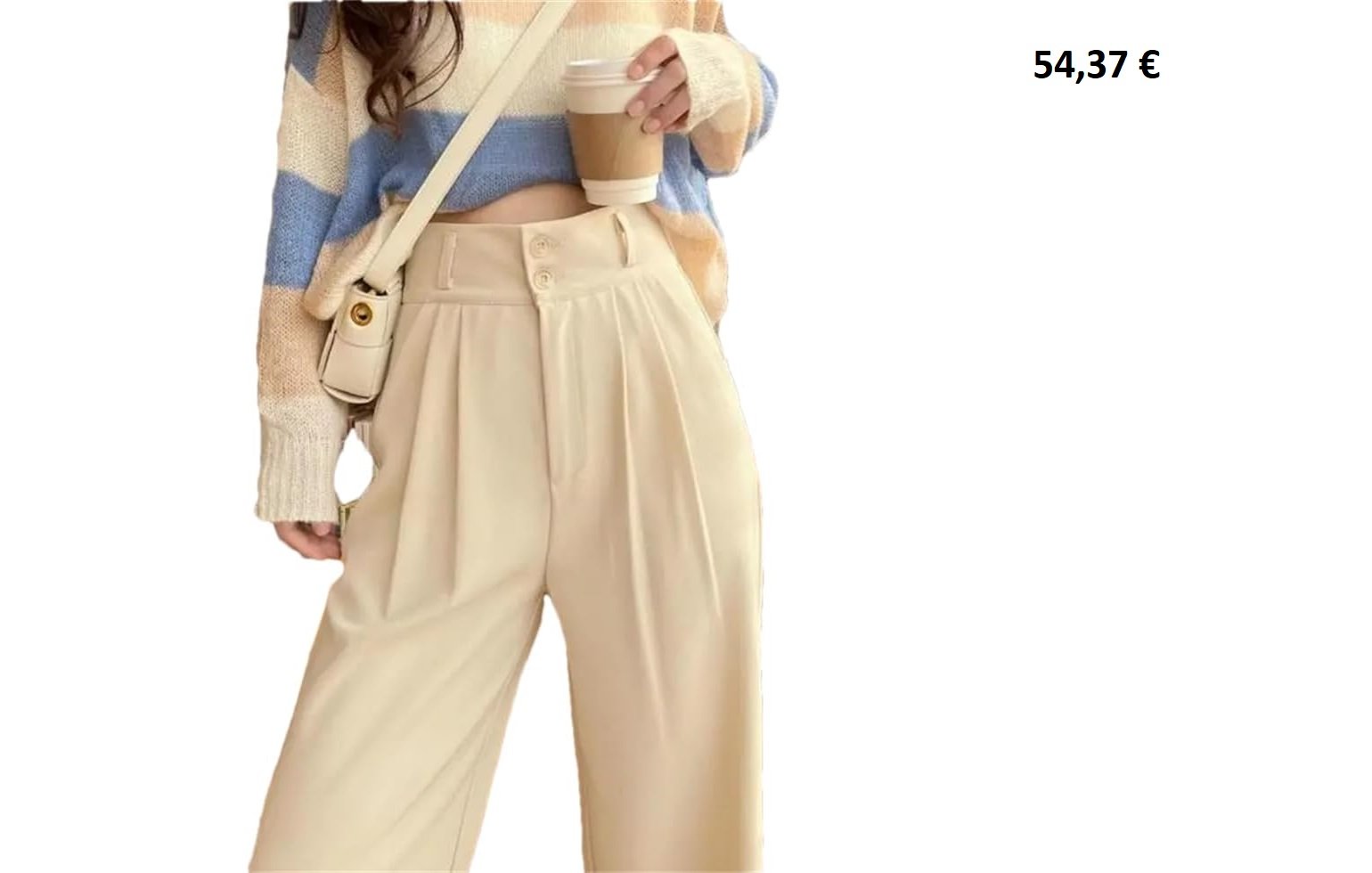 Femme portant un pantalon taille haute beige à pinces et un pull rayé pastel.