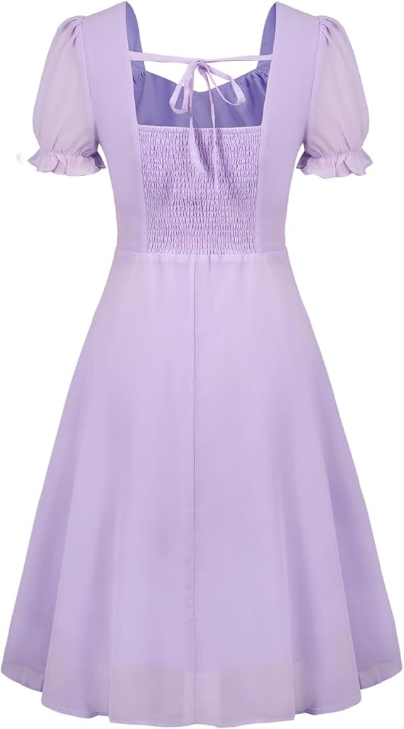 Robe vintage lavande avec manches bouffantes et dos noué.