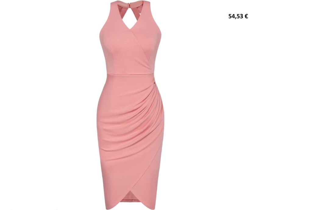 Robe vintage rose poudré moulante sans manches à effet drapé.