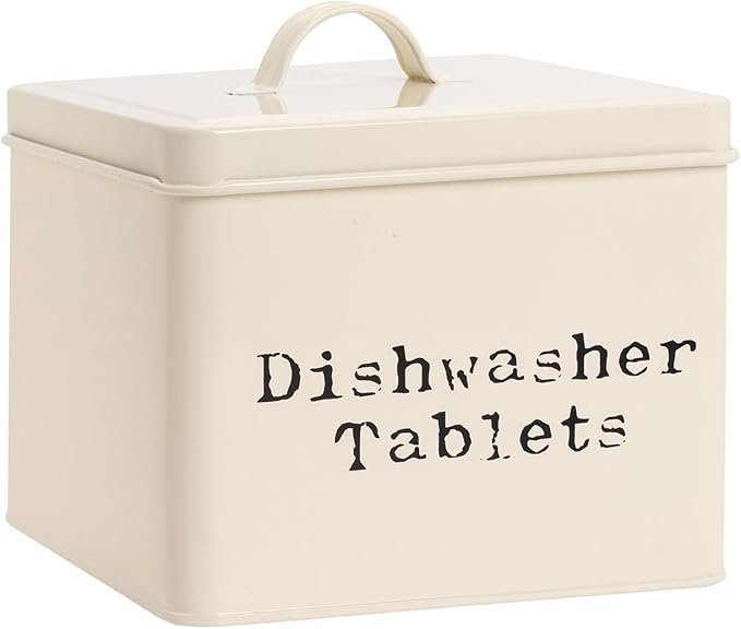 Boîte de rangement vintage en métal crème pour tablettes lave-vaisselle, inscription "Dishwasher Tablets".