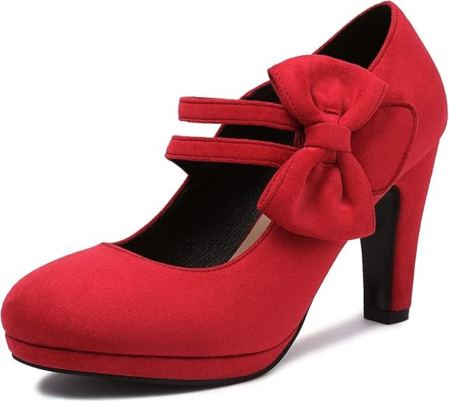 Escarpin rouge vintage avec talon haut, double bride et nœud latéral.