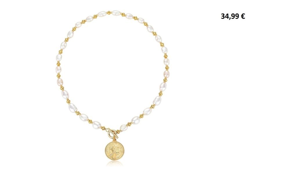 Collier perles et perles dorées avec pendentif médaille en pièce ancienne.