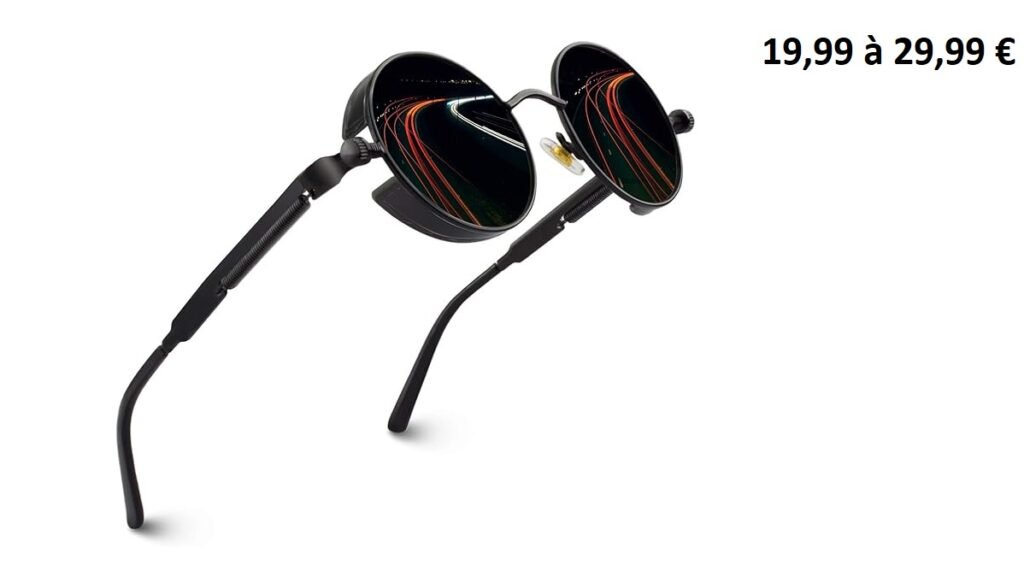 Lunettes de soleil rondes noires style steampunk, reflets urbains, prix de 19,99 à 29,99 €.