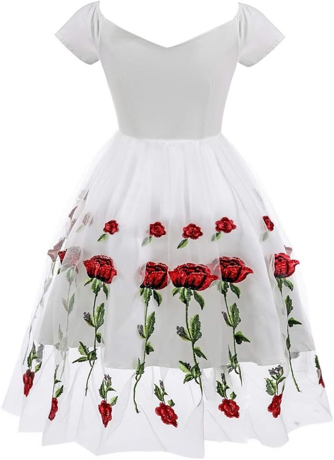 Robe blanche vintage brodée de roses rouges avec jupe en tulle.