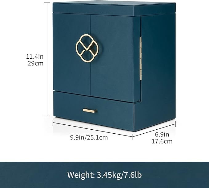 Boîte à bijoux Vlando bleu foncé avec miroir, tiroirs et rangements multiples.
