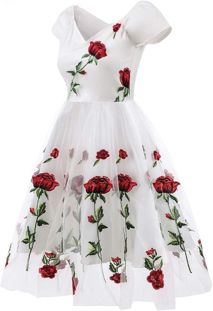 Robe blanche vintage brodée de roses rouges avec jupe en tulle.