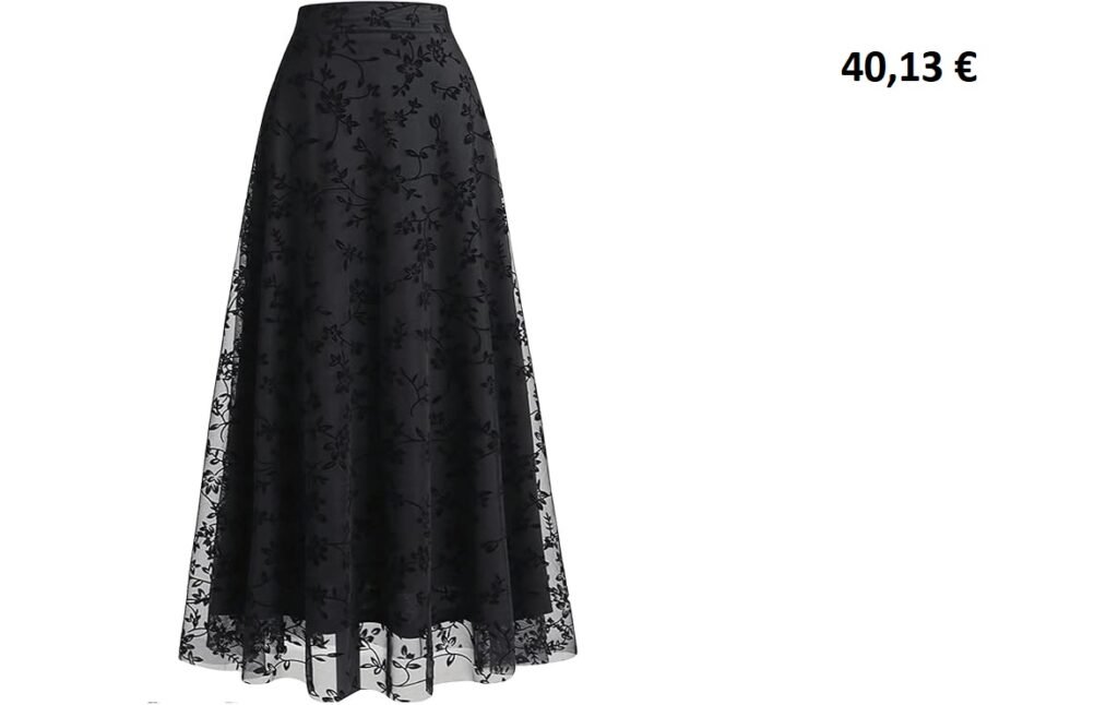 Jupe longue noire en tulle brodé à motifs floraux.