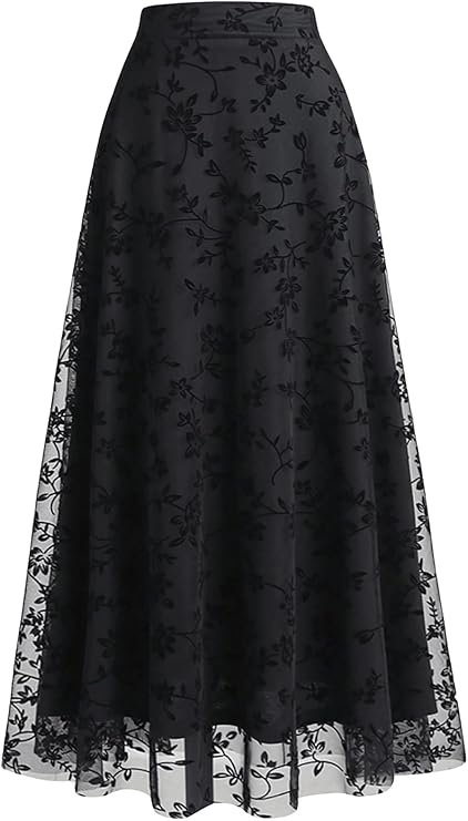 Jupe longue noire en tulle brodé à motifs floraux.