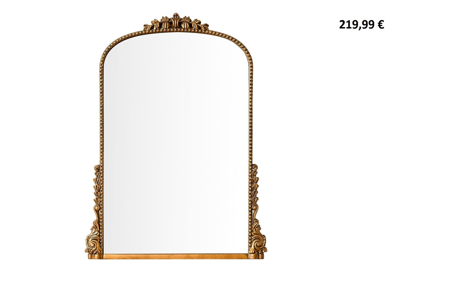 Miroir mural vintage doré avec cadre orné et dimensions 80 x 60 cm.