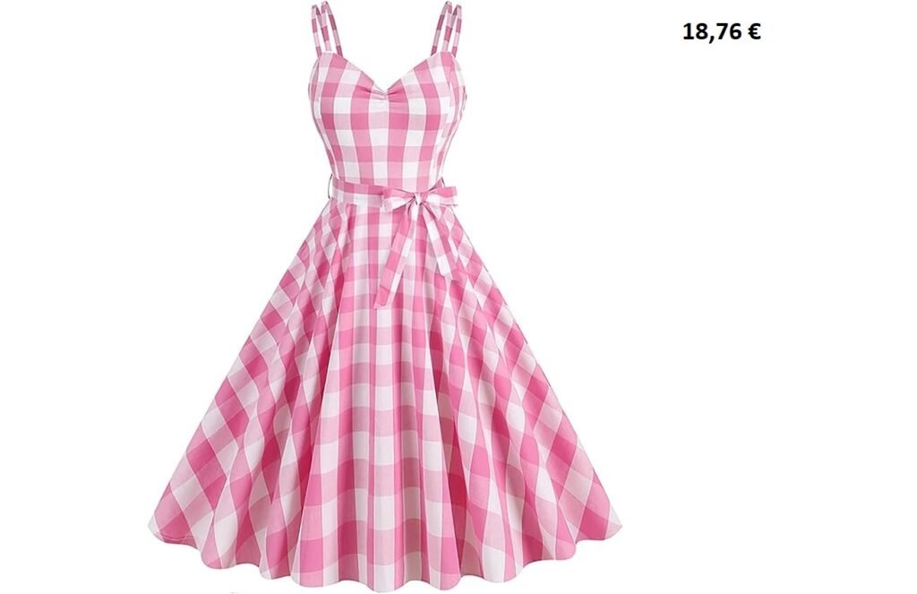 Robe vintage rose à carreaux vichy avec bretelles fines et ceinture nouée.