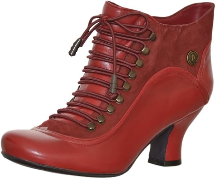 Bottines vintage femme rouges à talon haut et laçage corset.