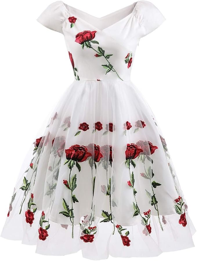 Robe blanche vintage brodée de roses rouges avec jupe en tulle.