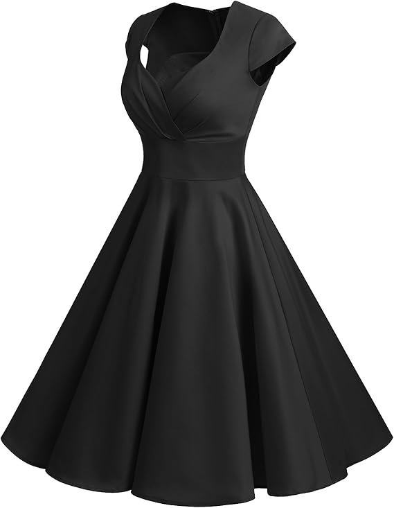Femme portant une robe vintage noire à col en cœur et jupe évasée.