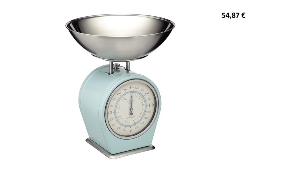 Balance de cuisine vintage bleu pastel avec bol inox et cadran analogique.