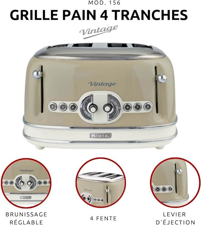 Grille-pain vintage Ariete crème à 4 fentes avec commandes chromées.
