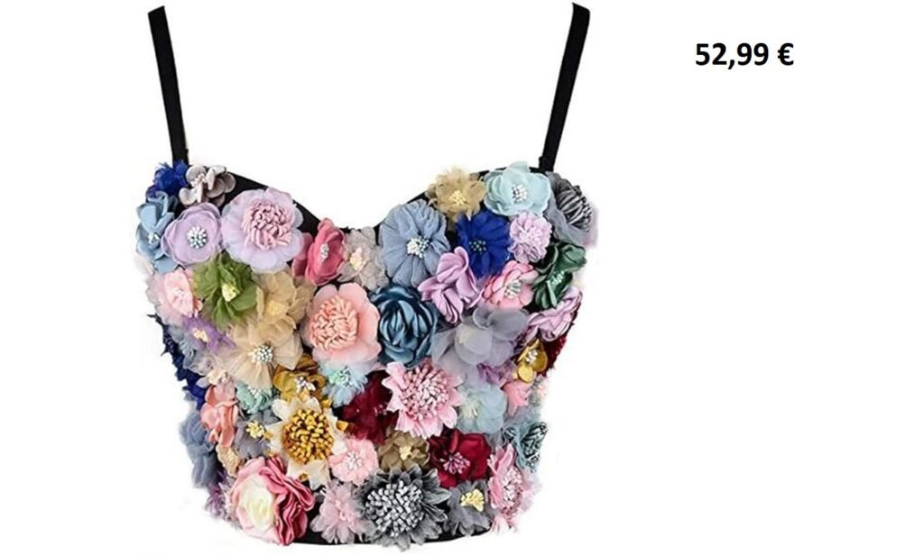 Bustier noir orné de fleurs en tissu multicolores en relief.