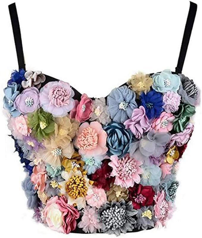 Bustier noir orné de fleurs en tissu multicolores en relief.