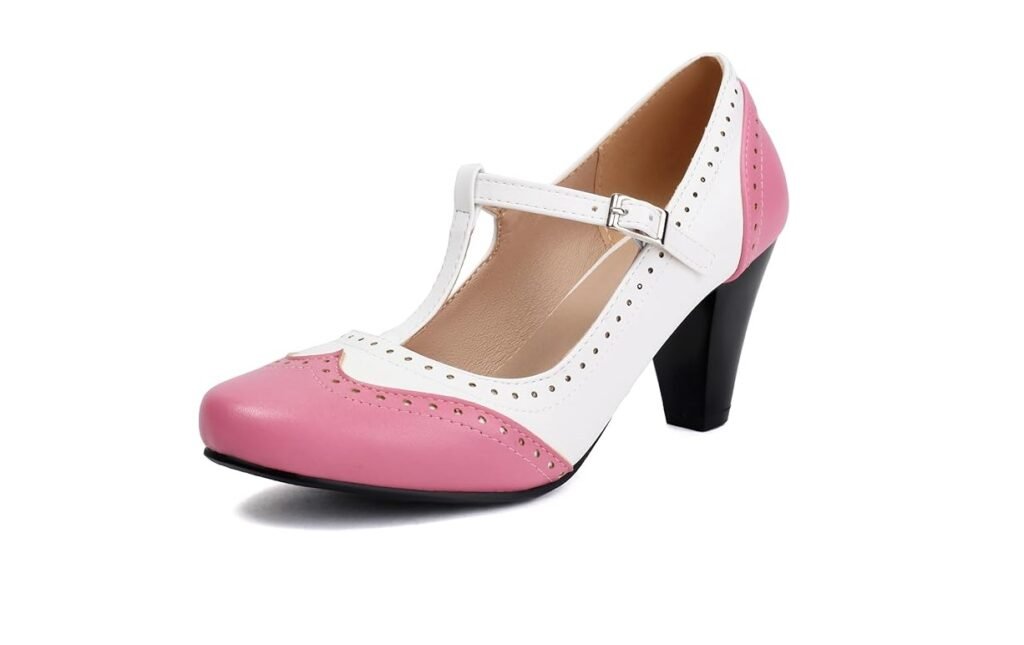Chaussure vintage femme à talon, bicolore rose et blanc, avec bride en T et bout perforé.