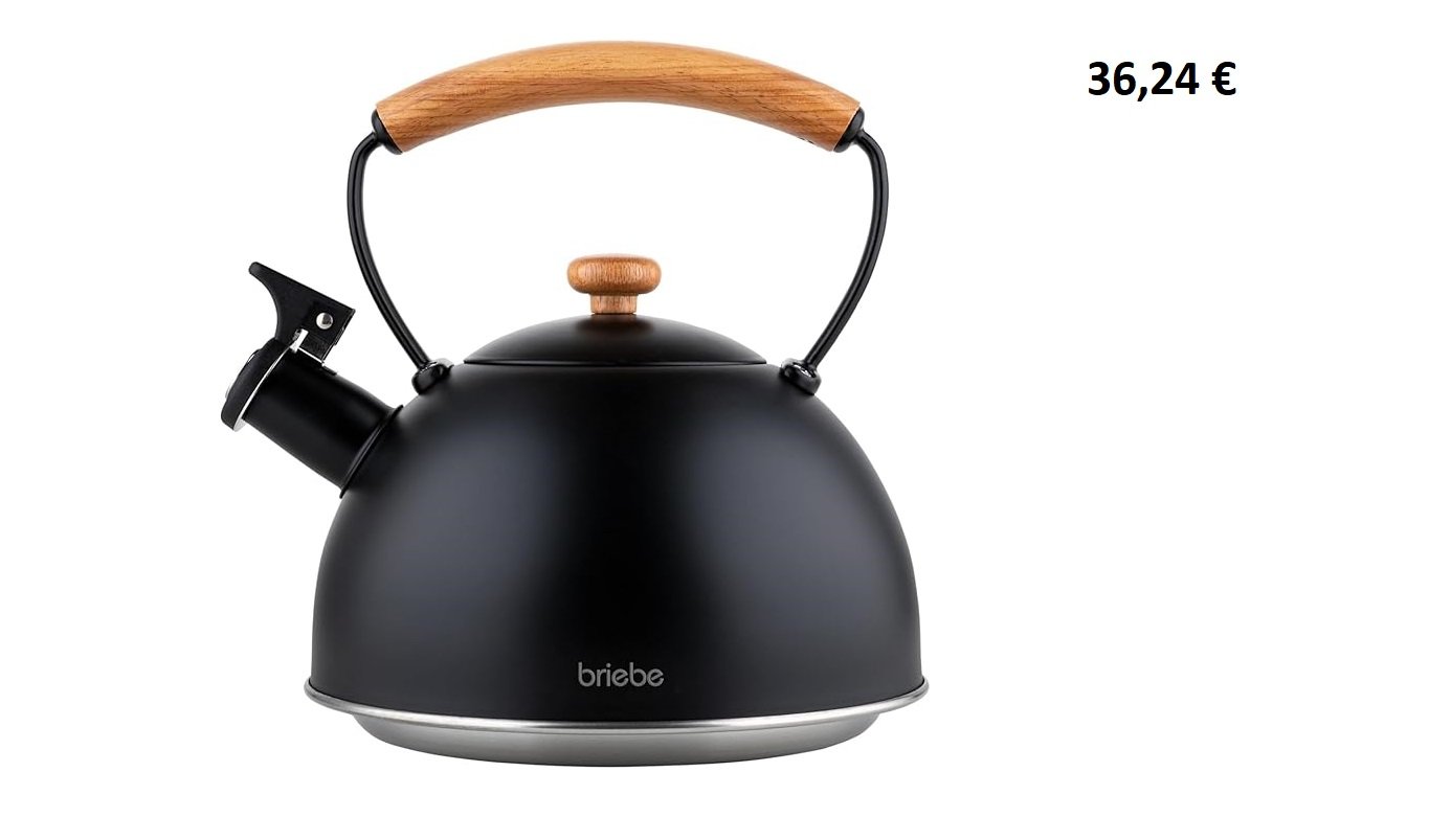 Bouilloire vintage noire avec poignée en bois, marque Briebe, dimensions indiquées.