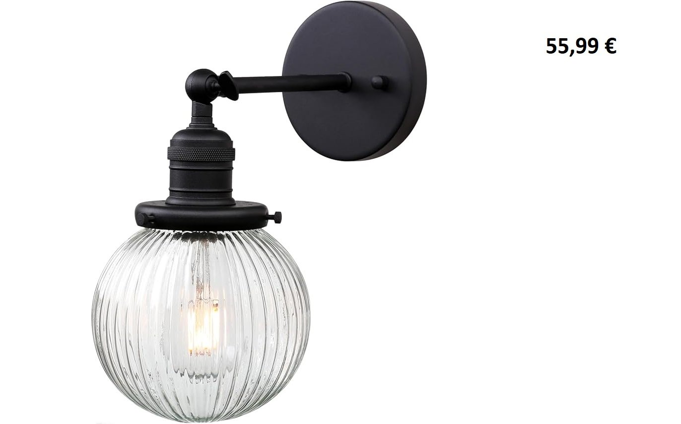 Applique murale vintage noire avec globe en verre strié, vendue à 55,99 €.
