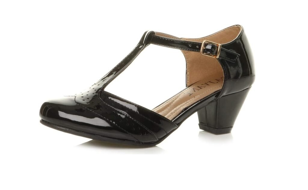 Escarpin noir verni rétro à bride T et talon moyen