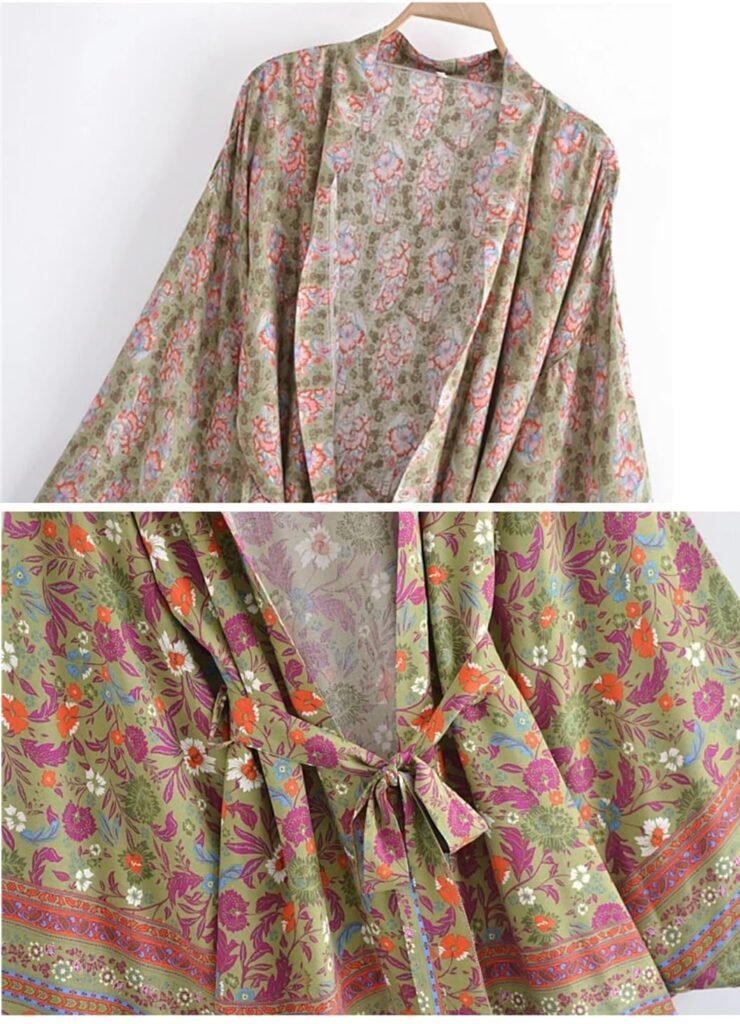 Kimono vintage vert à motifs orientaux et ceinture à nouer.