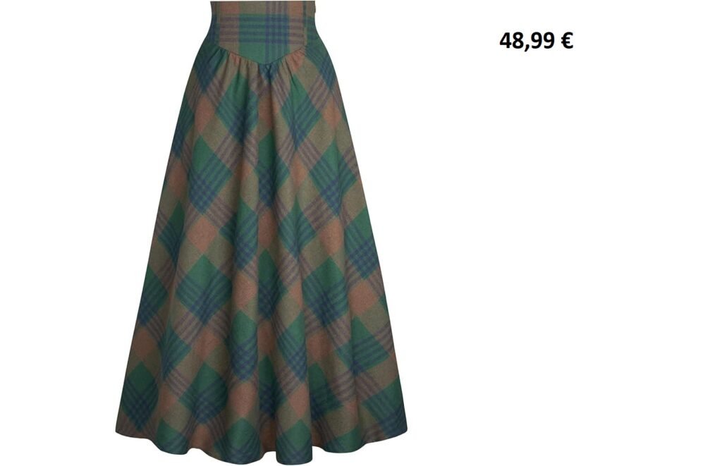 Jupe longue évasée à carreaux vintage vert et marron.