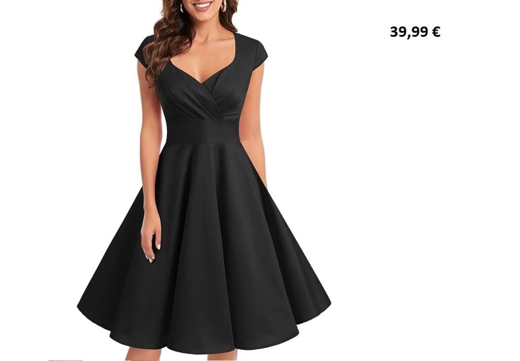 Femme portant une robe vintage noire à col en cœur et jupe évasée.