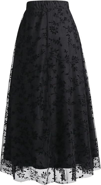 Jupe longue noire en tulle brodé à motifs floraux.