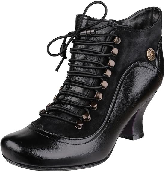 Bottines vintage femme noires à talon haut et laçage corset.