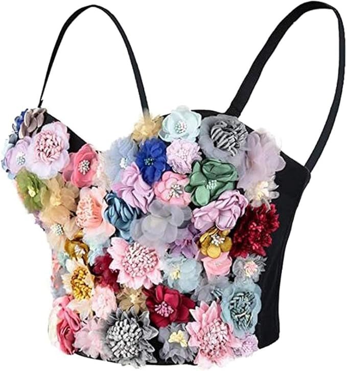 Bustier noir orné de fleurs en tissu multicolores en relief.