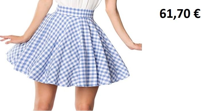 Femme portant une jupe vintage à carreaux vichy bleu et blanc.