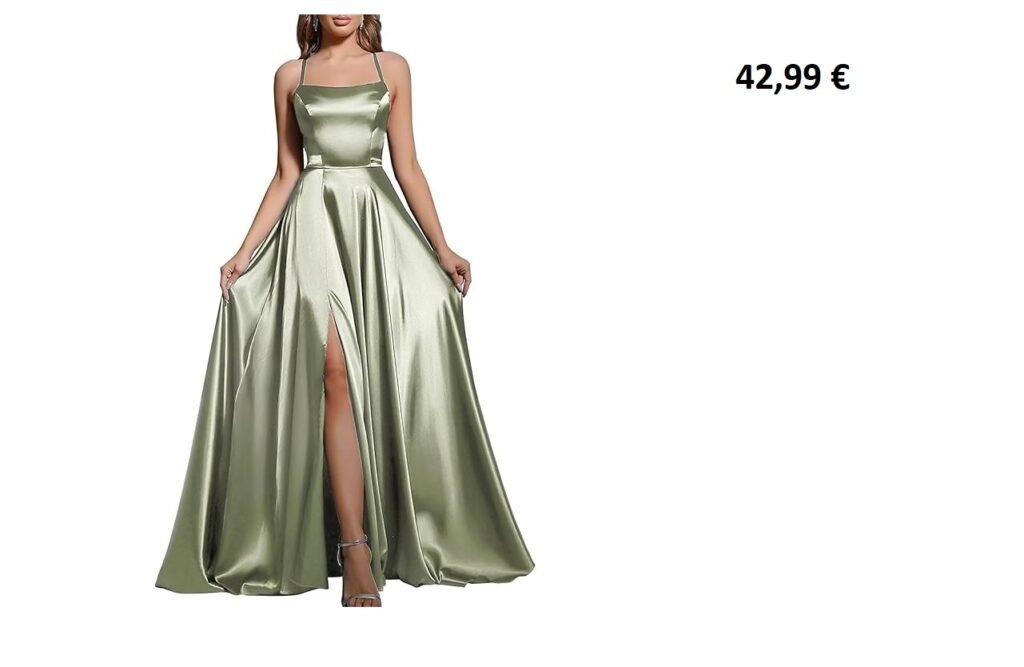 Robe de soirée longue satinée vert sauge à fines bretelles et fente.