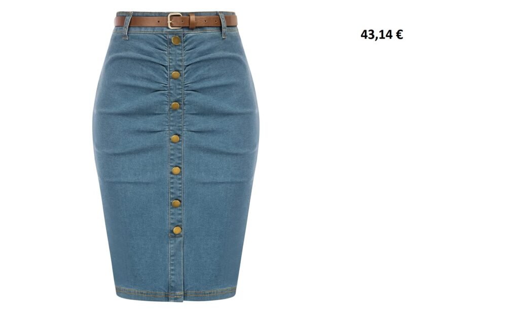 Jupe en jean taille haute avec boutons dorés et ceinture marron.