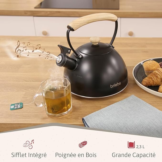 Bouilloire vintage noire avec poignée en bois, marque Briebe, dimensions indiquées.