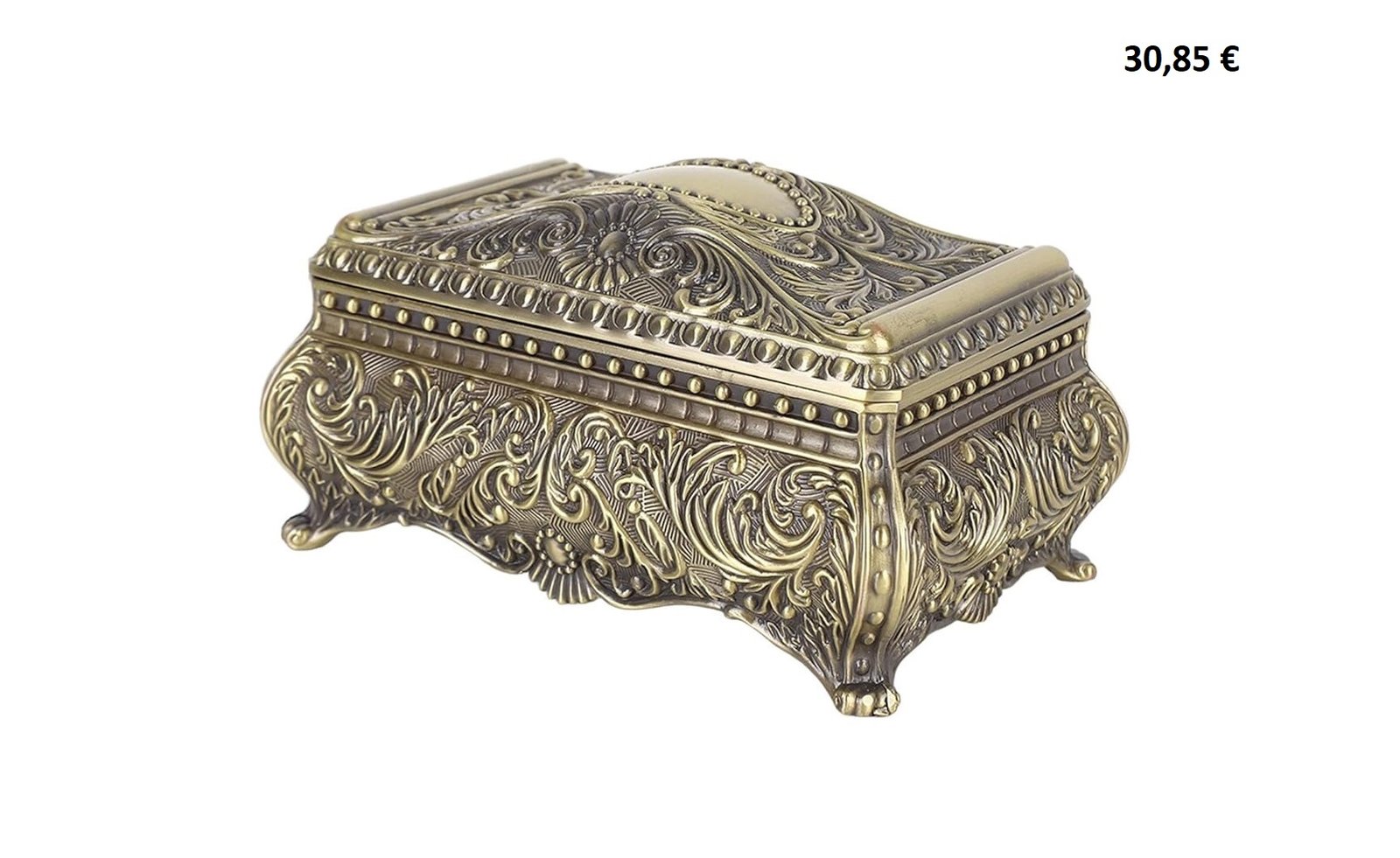 Boîte à bijoux vintage en métal doré avec motifs gravés et pieds décoratifs.