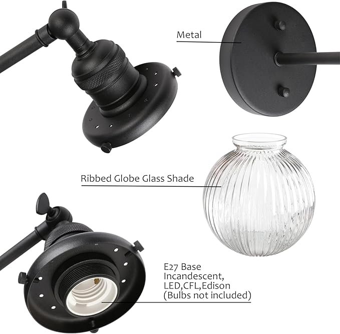 Applique murale vintage noire avec globe en verre strié, vendue à 55,99 €.