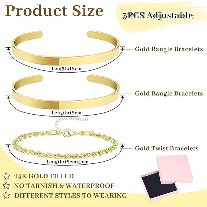 Lot de trois bracelets dorés femme : deux joncs lisses et un torsadé.