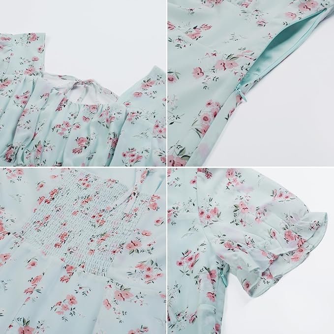 Robe vintage bleu clair à fleurs roses avec manches courtes bouffantes.